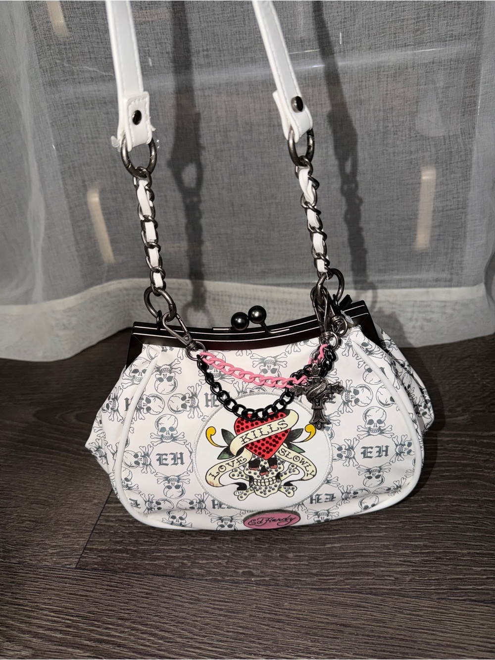 Ed Hardy White Skull & Heart Tattoo-Print Shoulder Bag with Pink Chain